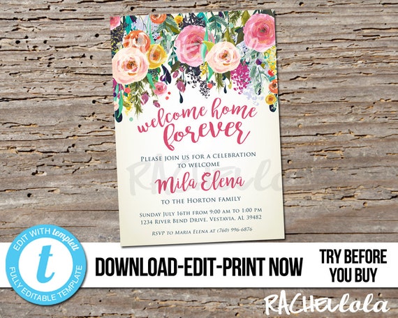 Editable Floral Watercolor Adoption Baby shower party invitation, Welcome home forever, Printable digital template, Girl, Garden, Templett Il_570xn