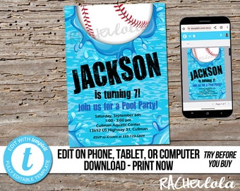 Editable Baseball Pool Party, Birthday Invitation, Printable template, Swim invite, End of season team, Digital instant download Templett