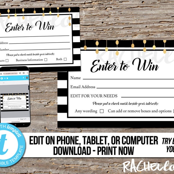 Editable Raffle ticket template, Printable door prize entry form, Enter to win giveaway, Gold Instant download, Photography session Templett