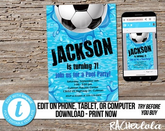 Editable Soccer Pool Party, Birthday Invitation, Printable template, Swim, season team, Digital instant download Templett, futball, football