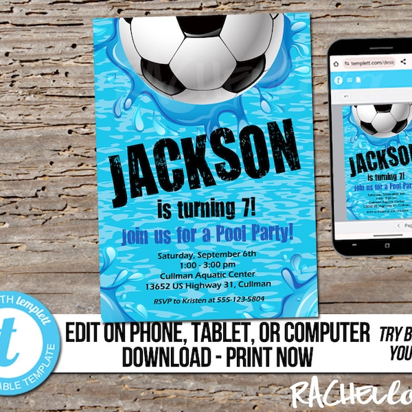 Editable Soccer Pool Party, Birthday Invitation, Printable template, Swim, season team, Digital instant download Templett, futball, football