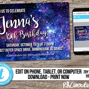 Editable Modern Galaxy Birthday Party Invitation, Printable Template ...