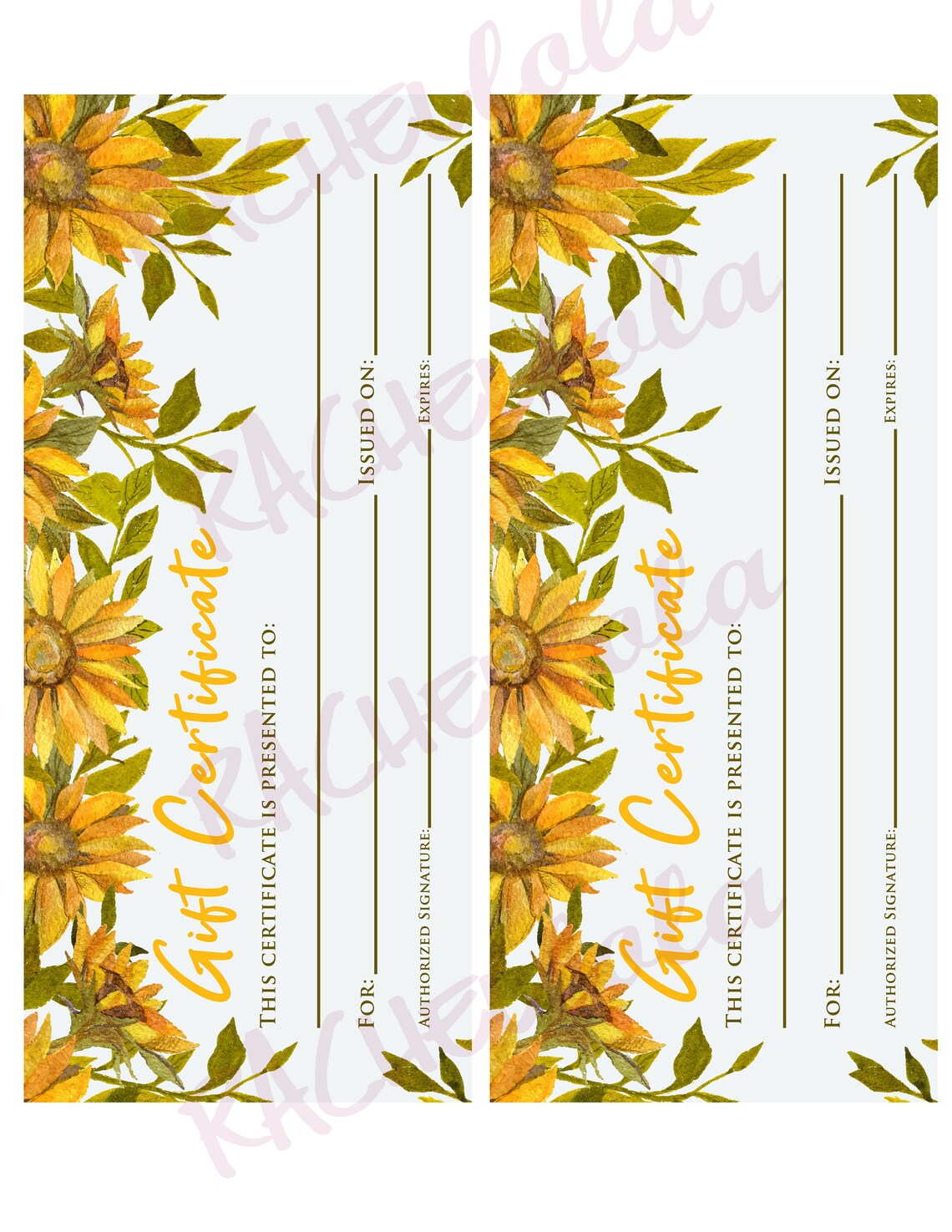 Sunflower Printable Gift Certificate Fillable Template Etsy