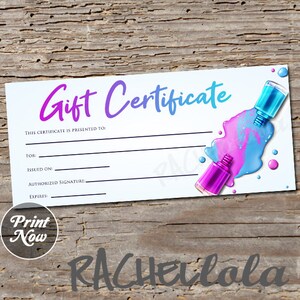 Printable Nail Salon Gift Certificate, Fillable Template, Manicure