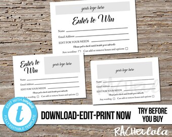 Editable Raffle ticket template, Printable door prize entry form, Enter to win giveaway, Photography, Instant download, Custom, Templett