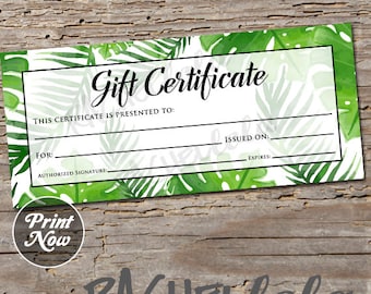 Tropical Gift Certificate printable, Fillable template, Photography session, coupon voucher, Summer, Christmas beach trip, Instant download