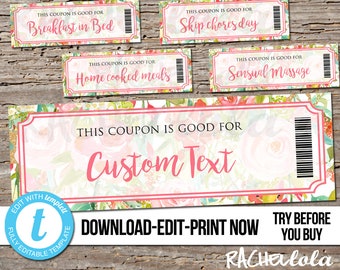 Printable Coupon template, Gift certificate voucher, Valentine, Birthday, Mothers day, Love, Fillable, Date night, Digital Editable custom