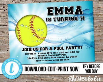 Editable Softball Pool Party, Birthday Invitation, Printable template, End of season team swim invite, Digital, Instant download Templett