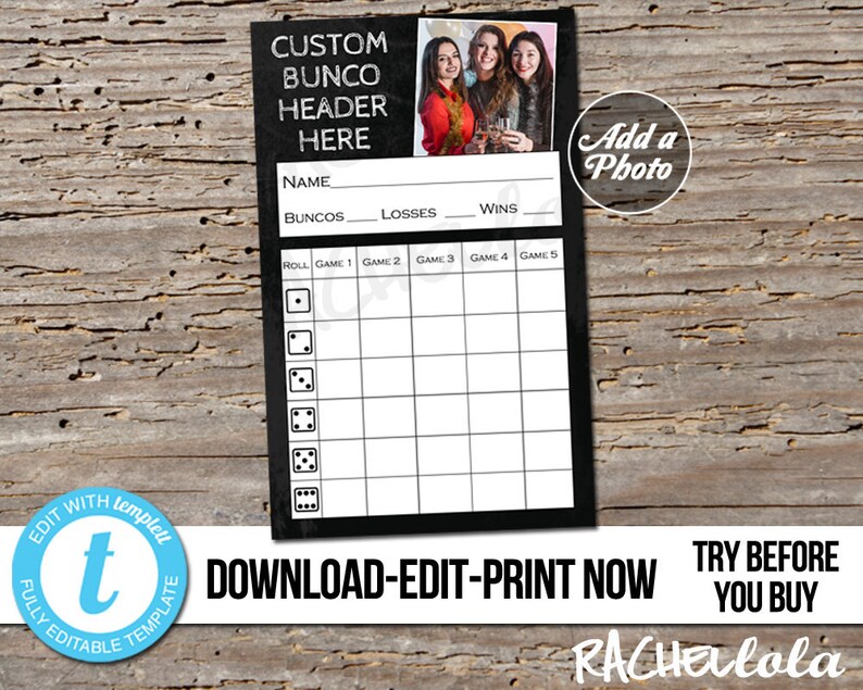 Editable custom Bunco Score card, Bunko Score Sheet, Chalk Printable Template, Party photo, Group Girls night theme, Winter Instant download image 1