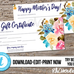 Editable Custom Printable Gift Certificate template, Floral, Photography voucher, Mothers day, Hair, Nail, Bakery, Instant download Templett image 1