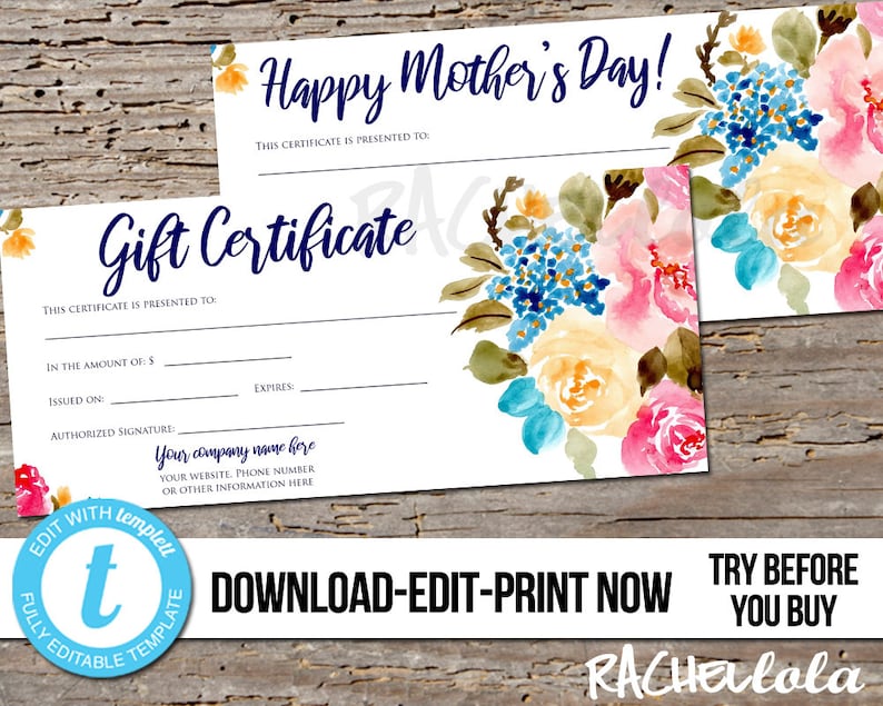 Editable Custom Printable Gift Certificate template, Floral, Photography voucher, Mothers day, Hair, Nail, Bakery, Instant download Templett image 1
