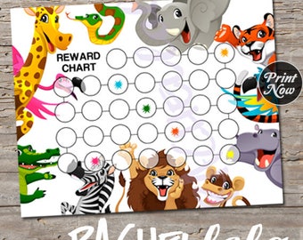 Cuadro de recompensas de animales del zoológico para niños, descarga digital instantánea imprimible, cuadro de entrenamiento para ir al baño para niños pequeños, comportamiento con calcomanías para niños, cuadro de tareas