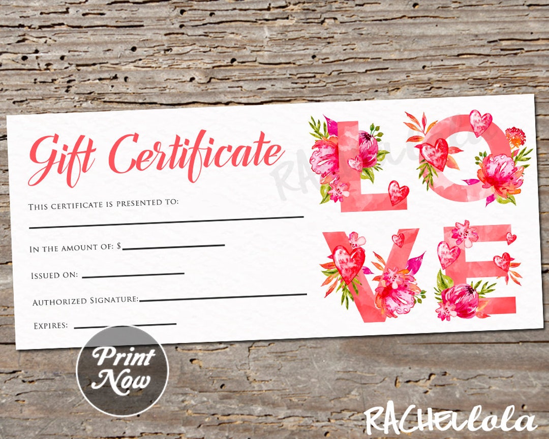 Printable Gift Certificate Template Love Valentine's - Etsy