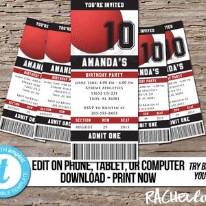 Billet de kickball modifiable, modèle imprimable d'invitation d'anniversaire, ballon chasseur, fête d'équipe, tournoi, téléchargement numérique instantané, Templett