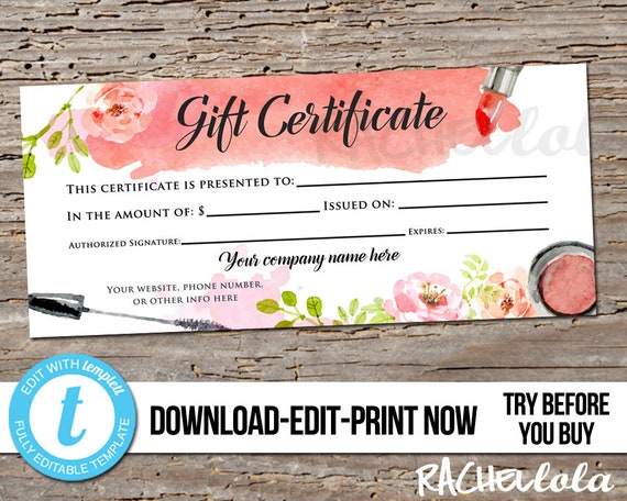 Editable Custom Makeup Gift Certificate Printable Template Hair Salon Voucher Mary Kay Avon Stylist Digital Instant Templett