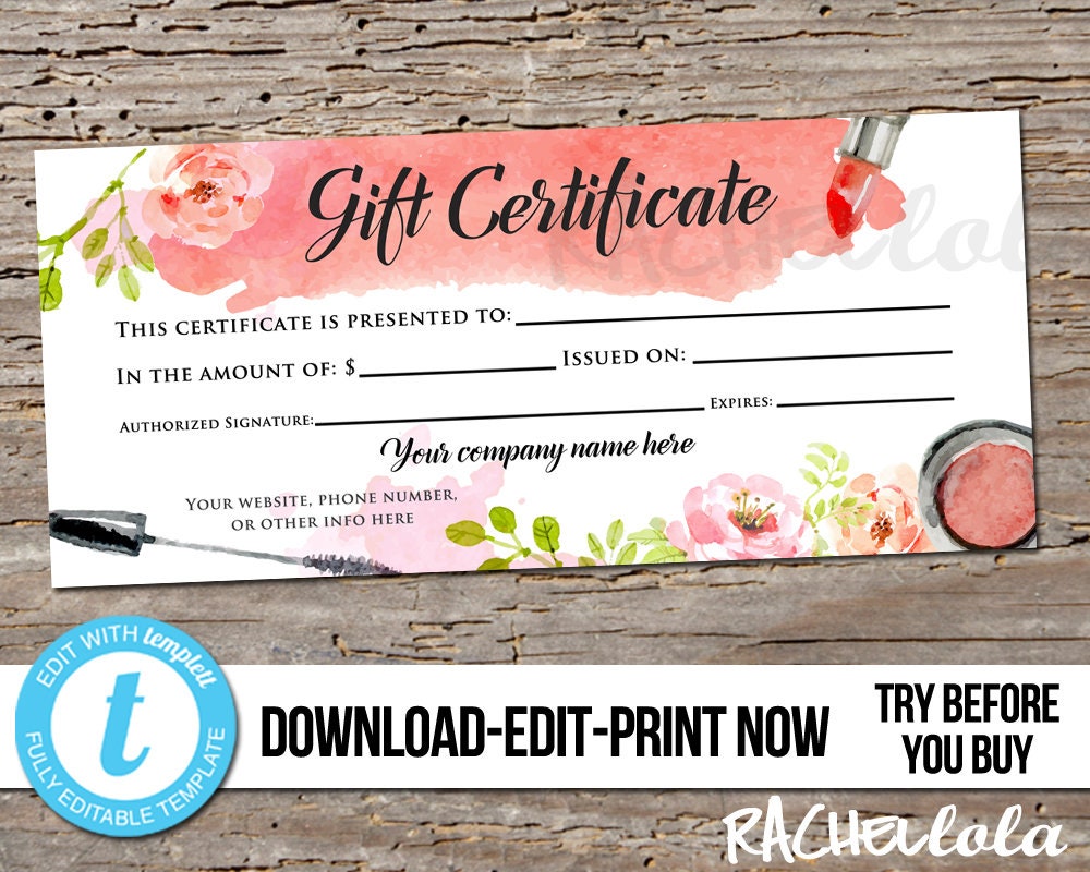 Editable Custom Makeup Gift Certificate, Printable template, Hair Salon  voucher, Mary Kay, Avon, Stylist, Digital instant download Templett With Mary Kay Gift Certificate Template