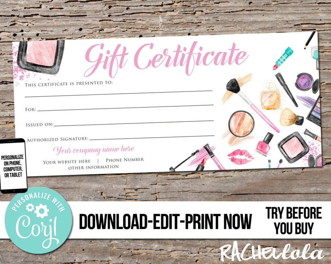 Printable Makeup Gift Certificate, Fillable Template, Cosmetics ...