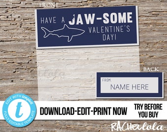 Shark Valentine bag topper, Printable treat candy bag template, Editable Custom, Jawsome card, School, Preschool, Instant download Templett