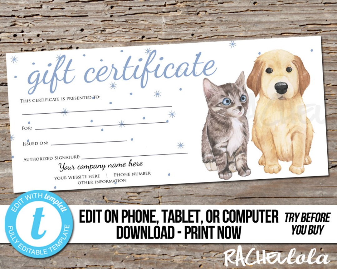 editable-custom-printable-pet-gift-certificate-template-dog-cat-groomer-thanks-vet-veterinarian-photography-digital-download-templett-etsy