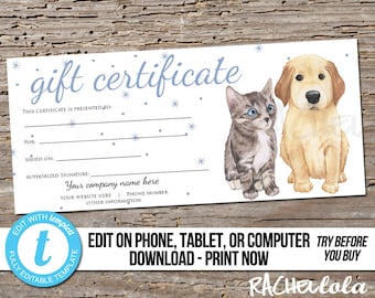 Editable Custom Printable Pet Gift Certificate template, Dog, Cat, Groomer Thanks, Vet, Veterinarian, Photography, Digital download Templett