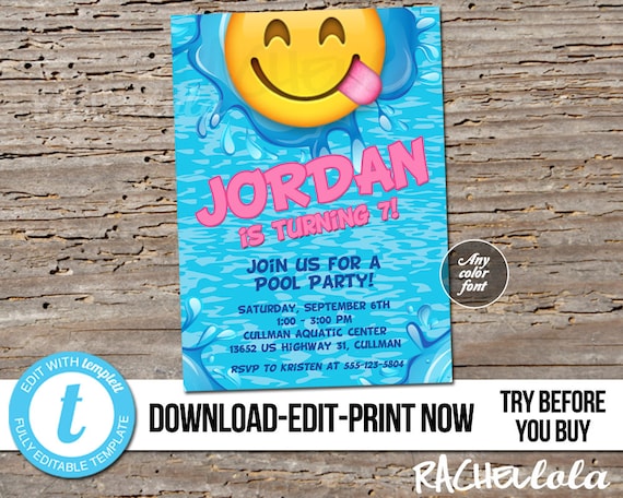 Editable Emoji Pool Party, Birthday Invitation, Printable template, Swim Splash pad, Slip & Slide, Lake, Digital instant download Templett Il_570xn