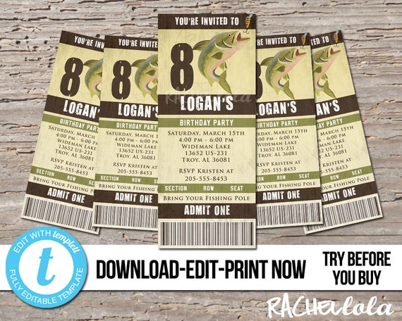Fishing Birthday Party invitation, Printable ticket template, Boy Lake ...