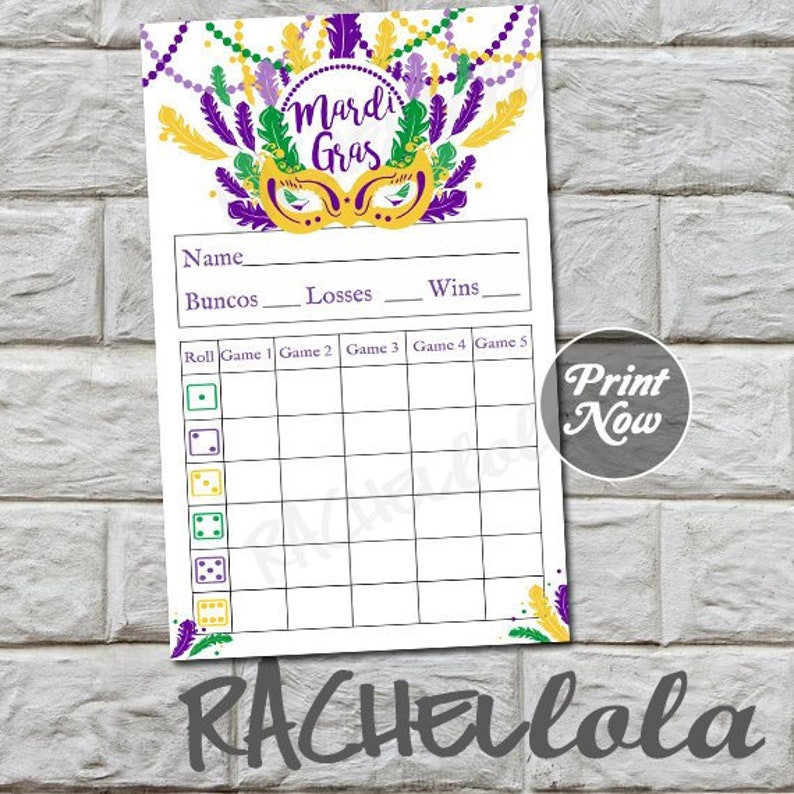 Mardi Gras Mask Bunco score card, score sheet, February March party, scorecard, Bunko group, printable template, instant digital download image 1