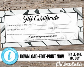 Editable Custom Hair Salon Gift Certificate, Printable template, Barber, Men Hair stylist voucher, Digital, instant download, Templett, Gray