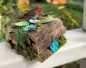 Spring and Summer Miniature Woodpile with a Bird, Fairy Garden Accessories