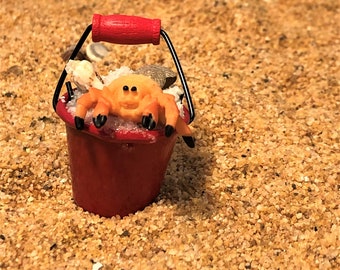 Summer Beach Miniature Crab Figurine, Crab in a Bucket, Miniature Beach Accessories