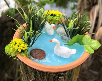 Two Swans in a Pond, Fairy Garden Miniature Pond