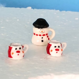 Christmas Snowman Hot Chocolate Teapot and Two Mugs, Fairy Garden or Dollhouse Accessories