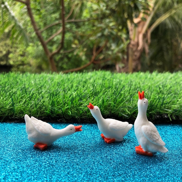 Three Miniature Geese Figurines, Fairy Garden Geese, Waterbirds, Water Fowl