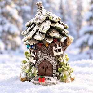 Lighted Winter Fairy House with Leaf Roof, Snowy Miniature Christmas Cottage
