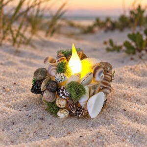 May include: A spherical candle holder covered in various small seashells and green moss, featuring a glowing, flame-shaped LED light in the center. The arrangement includes spiral, bivalve, and cone-shaped shells in shades of brown, white, and gray.
