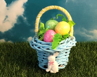 Miniature Easter Basket, Miniature Fairy Garden Basket with Eggs