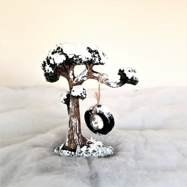 Snow Covered Miniature Tree with Swing,  Fairy Garden Accessories, Winter Tree