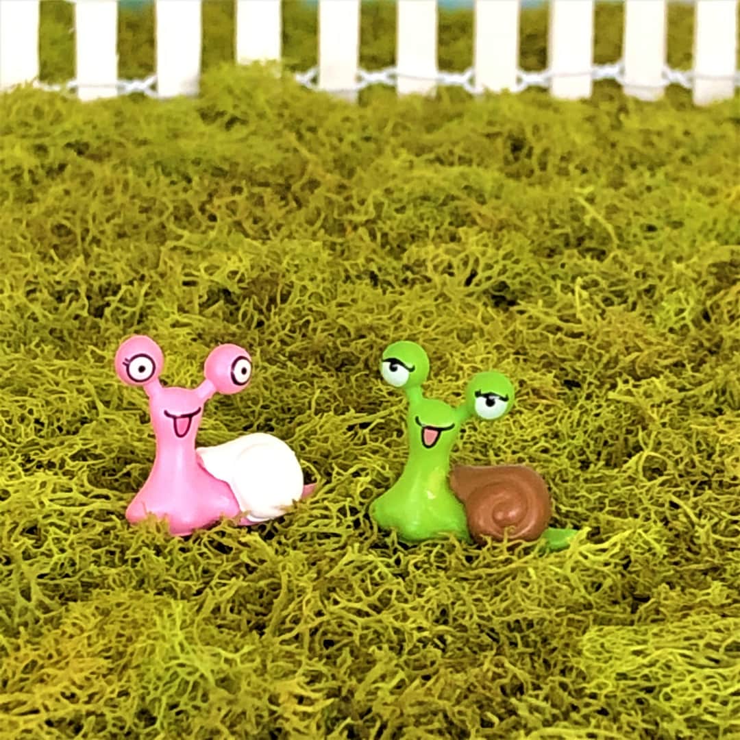 Two Miniature Micro Snail Figurines, Pink or Green Snails, Terrarium Supply, Cartoon Snail