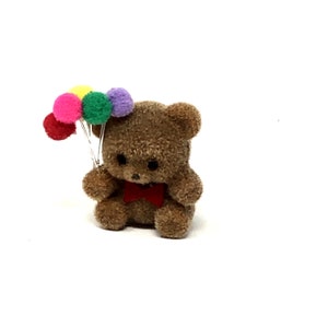 Miniature Flocked Teddy Bear Figurine with Balloons, Fairy Garden and Dollhouse Toy
