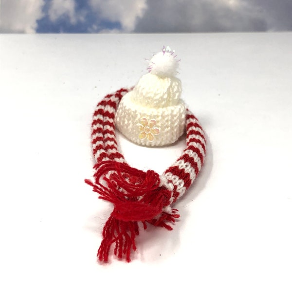 Miniature Winter Hat and Scarf, Fairy Garden or Doll Clothing, Christmas Scarf