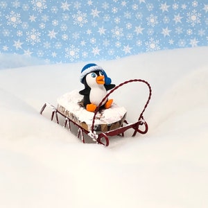 Miniature Sled with a Penguin Figurine, Winter Miniatures, Fairy Accessories
