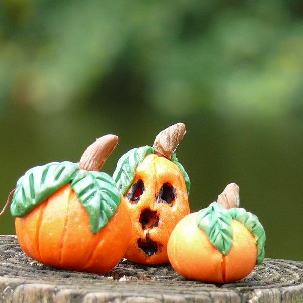 Three Handmade Miniature Pumpkins, Fairy Garden Miniatures Accessories, Handmade Pumpkins