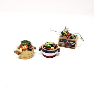 Miniature Table and benches or Half Barrel of Fruit, Crate of Fruit, Fairy Garden Miniature Food