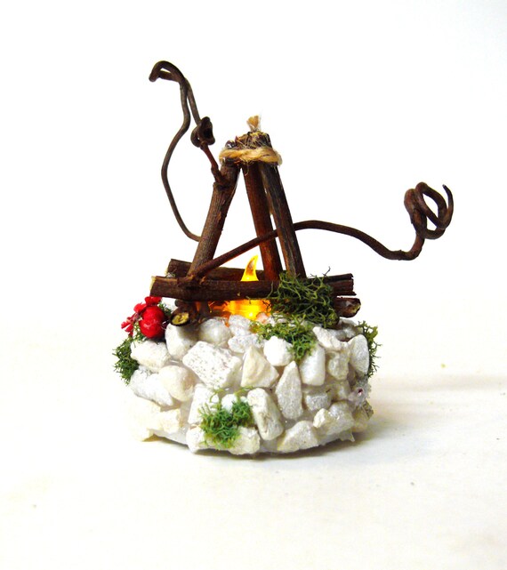 Handmade Flickering Fairy Garden Fire Pit, Miniature Campfire Accessory