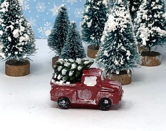 Miniature Old-Fashioned Pickup Truck with a Christmas Tree, Holiday Car, Diorama Miniatures