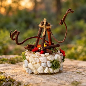 Miniature white-stone fire pit with green moss and small red flowers, a twig tripod and curling branches above a glowing light, shown against a woodland background.