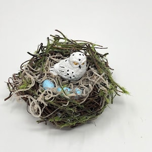 Miniature Owl's Nest with Eggs, Fairy Garden Birds