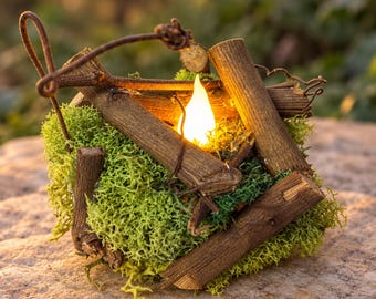 May include: A decorative campfire ornament constructed from small brown wooden twigs and bright green preserved moss. A single warm white LED flame-shaped light sits in the center, surrounded by a thin, dark brown metal wire frame.