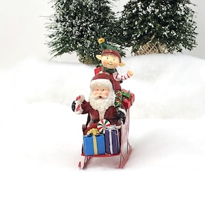 Santa and Elf figurines In a Sleigh, Miniature Christmas Decoration