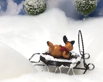 Miniature Reindeer Figurine on a Sled, Winter Miniatures